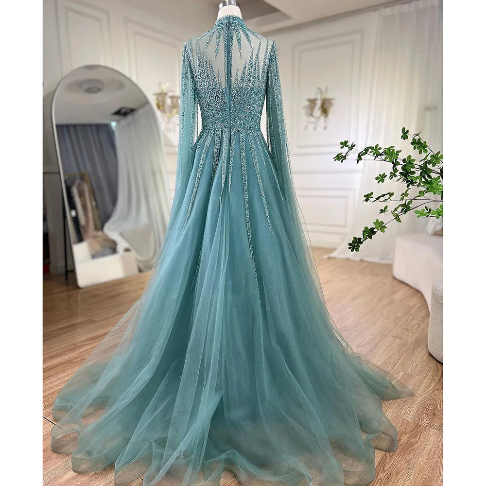Arabic Turquoise A Line Beaded Dubai Evening Dresses With Cape Sleeves Gowns For Women Wedding Party 2025 LA72199