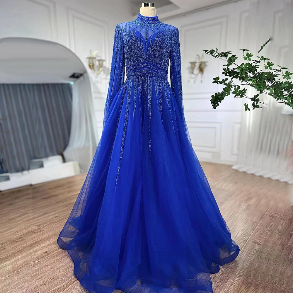 Robe de soirée arabe turquoise, coupe trapèze, perles, Dubaï, manches cape, pour femme, tenue de mariage, 2025, LA72199 