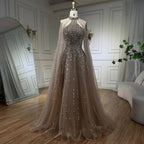 Robe de soirée de luxe style arabe turquoise, coupe trapèze, manches cape, perles, style Dubaï, pour femmes, fête de mariage, 2025, LA72306A 