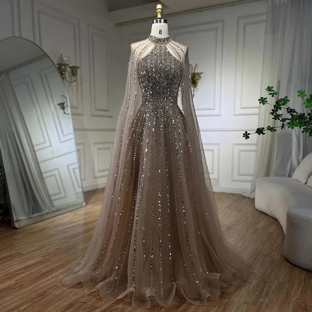 Arabic Turquoise A Line Cape Sleeve Beaded Luxury Dubai Evening Dresses Gowns For Women Wedding Party 2025 LA72306A