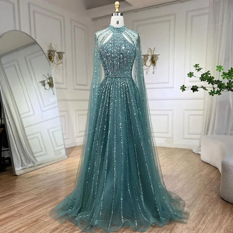 Robe de soirée de luxe style arabe turquoise, coupe trapèze, manches cape, perles, style Dubaï, pour femmes, fête de mariage, 2025, LA72306A 