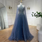 Robe de soirée de luxe style arabe turquoise, coupe trapèze, manches cape, perles, style Dubaï, pour femmes, fête de mariage, 2025, LA72306A 