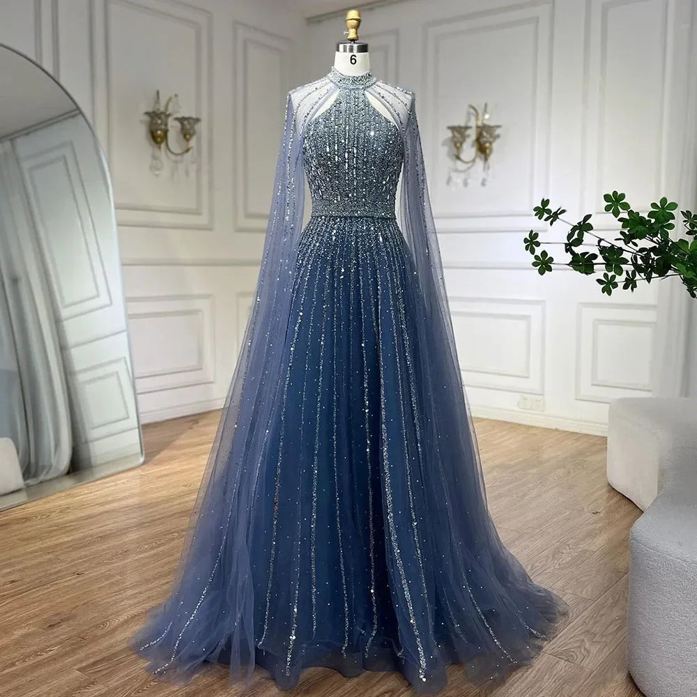 Arabic Turquoise A Line Cape Sleeve Beaded Luxury Dubai Evening Dresses Gowns For Women Wedding Party 2025 LA72306A