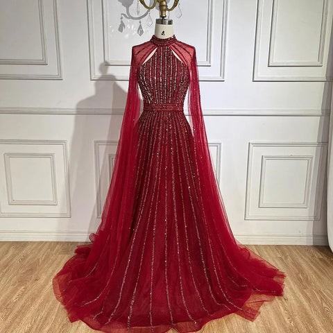 Robe de soirée de luxe style arabe turquoise, coupe trapèze, manches cape, perles, style Dubaï, pour femmes, fête de mariage, 2025, LA72306A 