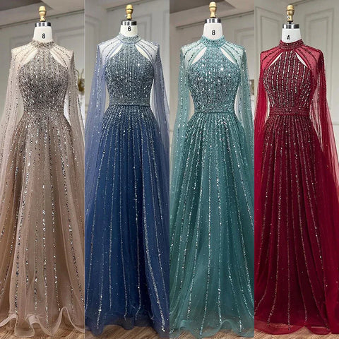 Robe de soirée de luxe style arabe turquoise, coupe trapèze, manches cape, perles, style Dubaï, pour femmes, fête de mariage, 2025, LA72306A 