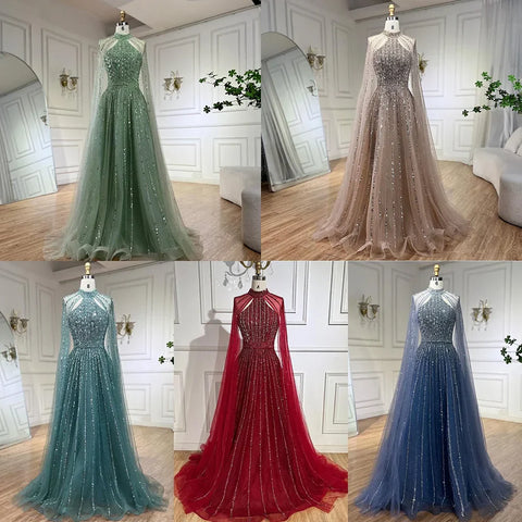 Robe de soirée de luxe style arabe turquoise, coupe trapèze, manches cape, perles, style Dubaï, pour femmes, fête de mariage, 2025, LA72306A 