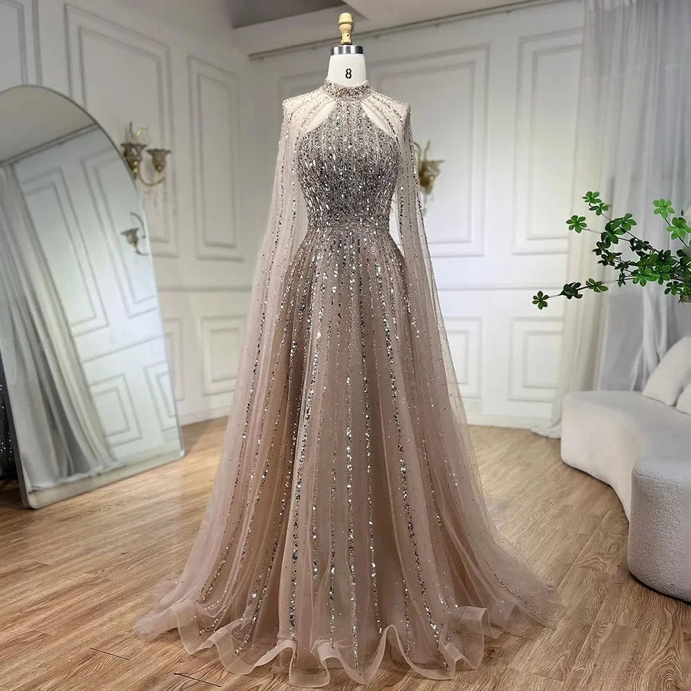 Arabic Turquoise A Line Cape Sleeve Beaded Luxury Dubai Evening Dresses Gowns For Women Wedding Party 2025 LA72306A