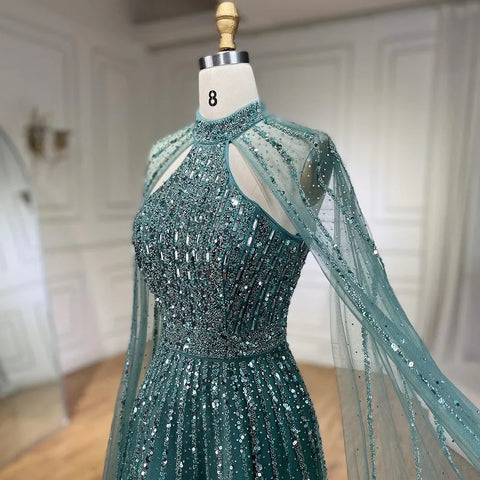 Robe de soirée de luxe style arabe turquoise, coupe trapèze, manches cape, perles, style Dubaï, pour femmes, fête de mariage, 2025, LA72306A 