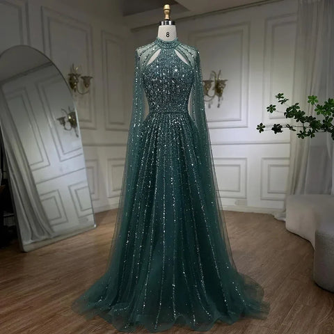 Robe de soirée de luxe style arabe turquoise, coupe trapèze, manches cape, perles, style Dubaï, pour femmes, fête de mariage, 2025, LA72306A 