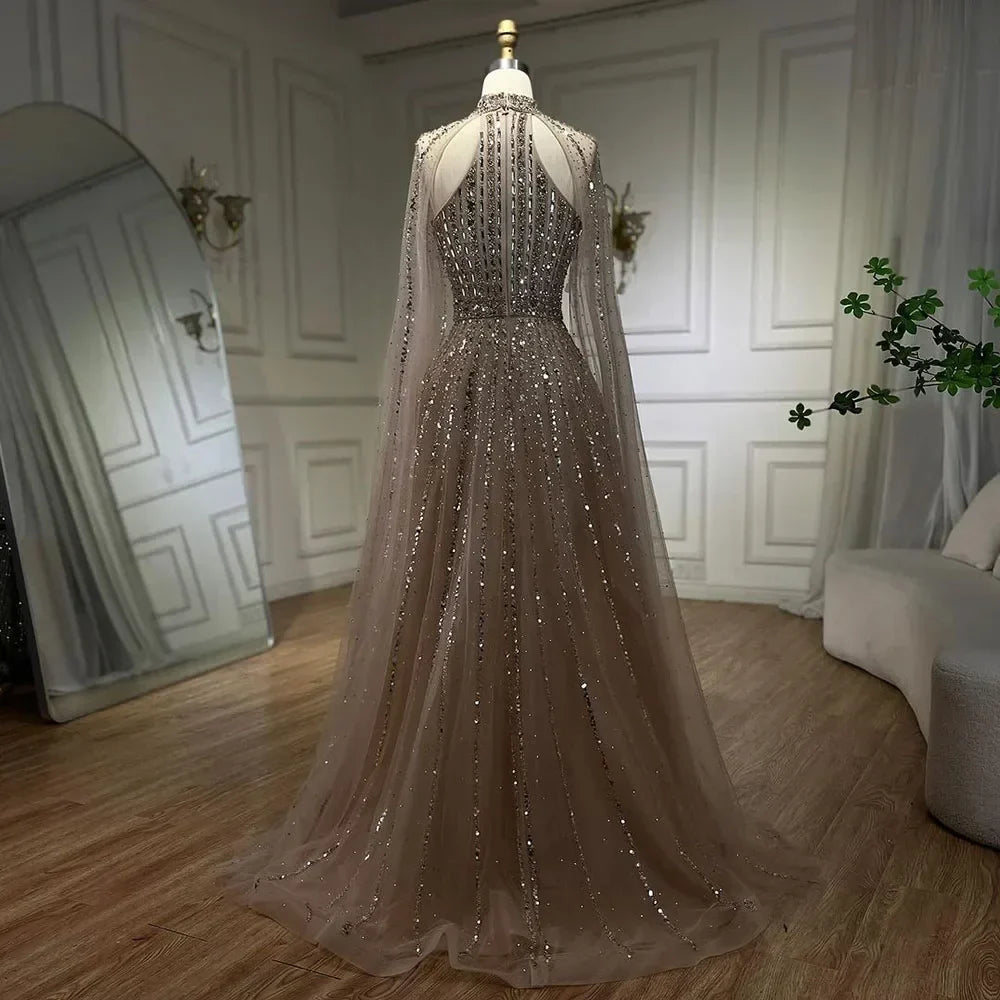 Robe de soirée de luxe style arabe turquoise, coupe trapèze, manches cape, perles, style Dubaï, pour femmes, fête de mariage, 2025, LA72306A 