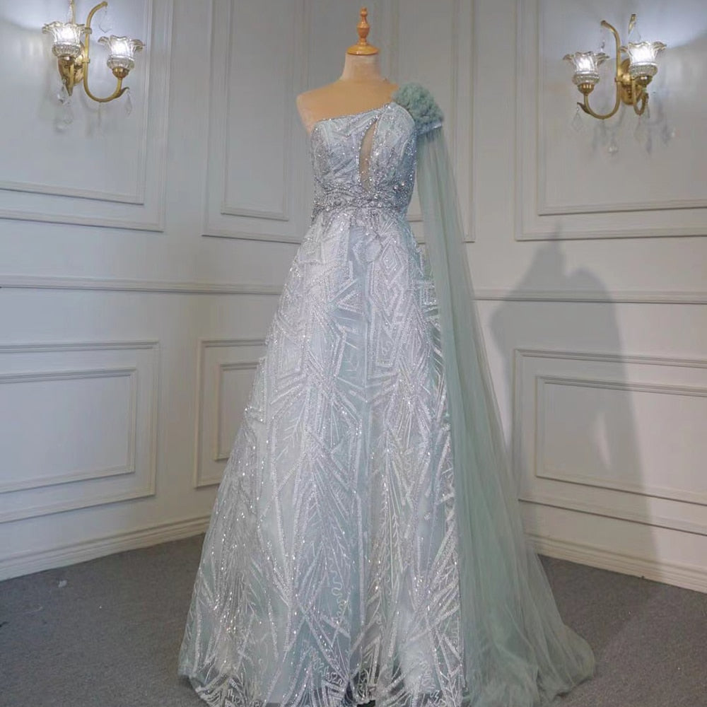 Arabic Turquoise A-Line Sexy One Shoulder Evening Dresses Gowns Cape Sleeves Luxury Beaded 2025 Women Party LA71741