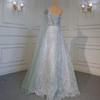 Vestido de noche árabe turquesa, corte en A, sexy, con un solo hombro, mangas tipo capa, lujoso, con cuentas, para mujer, ideal para fiestas (LA71741) 