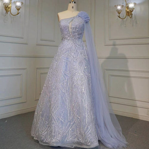 Robe de soirée sexy style arabe turquoise, coupe trapèze, asymétrique, manches cape, perles, luxueuse, 2025, LA71741 