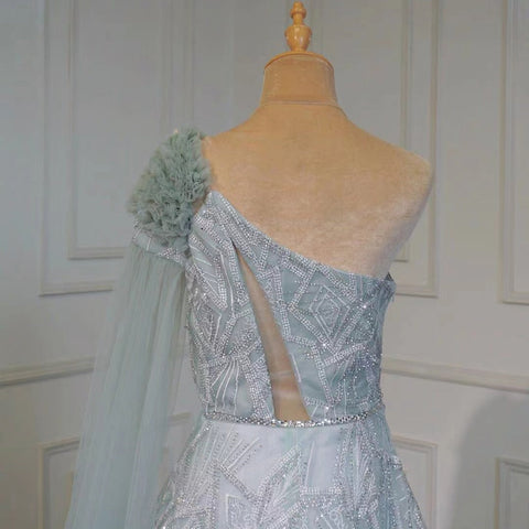 Robe de soirée sexy style arabe turquoise, coupe trapèze, asymétrique, manches cape, perles, luxueuse, 2025, LA71741 