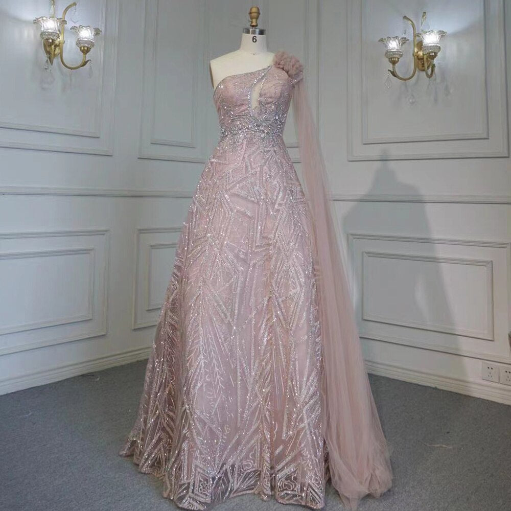 Vestido de noche árabe turquesa, corte en A, sexy, con un solo hombro, mangas tipo capa, lujoso, con cuentas, para mujer, ideal para fiestas (LA71741) 