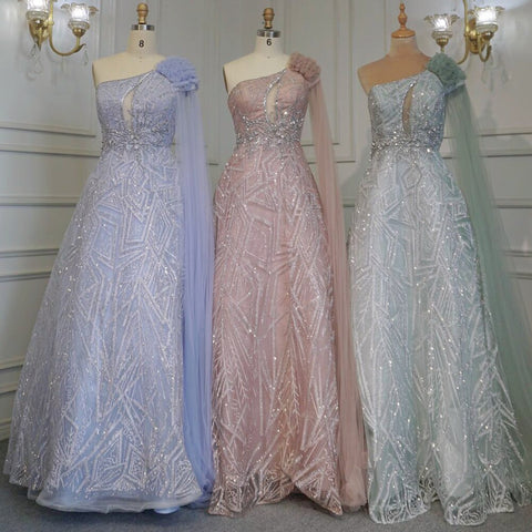 Robe de soirée sexy style arabe turquoise, coupe trapèze, asymétrique, manches cape, perles, luxueuse, 2025, LA71741 