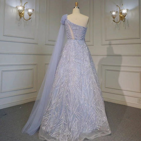 Robe de soirée sexy style arabe turquoise, coupe trapèze, asymétrique, manches cape, perles, luxueuse, 2025, LA71741 