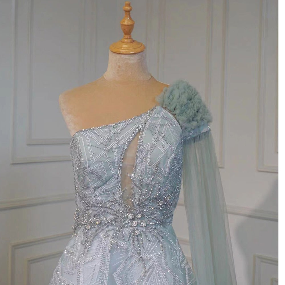 Vestido de noche árabe turquesa, corte en A, sexy, con un solo hombro, mangas tipo capa, lujoso, con cuentas, para mujer, ideal para fiestas (LA71741) 