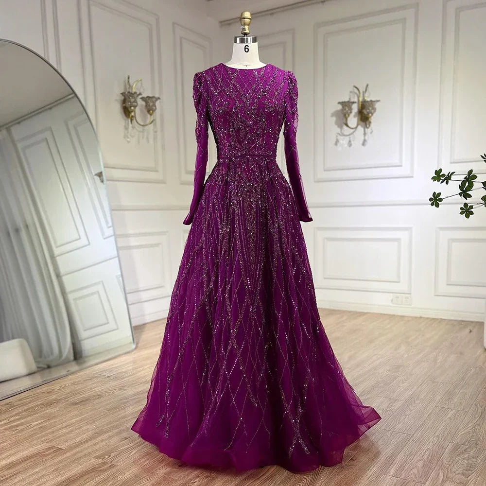 Arabic Turquoise A Line Sweetheart Long Sleeves Beaded Evening Dresses Gowns for Women Party 2025 LA71793