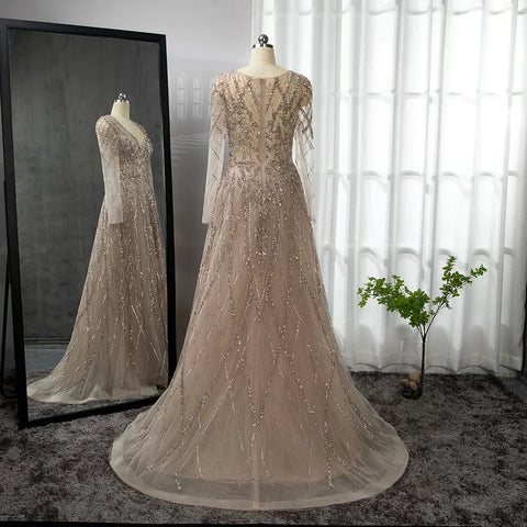 Robe de soirée arabe turquoise coupe trapèze, manches longues, décolleté en cœur, perles, pour femme, 2025, LA71793 