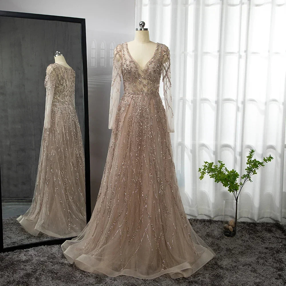 Arabic Turquoise A Line Sweetheart Long Sleeves Beaded Evening Dresses Gowns for Women Party 2025 LA71793