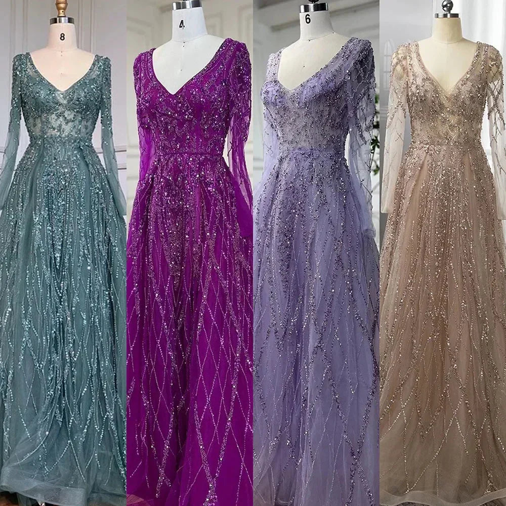 Arabic Turquoise A Line Sweetheart Long Sleeves Beaded Evening Dresses Gowns for Women Party 2025 LA71793