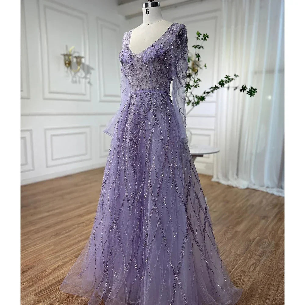 Vestidos de noche árabes turquesa, corte en A, escote corazón, mangas largas y con cuentas, para mujer, fiesta 2025 LA71793 
