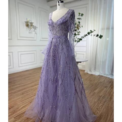 Robe de soirée arabe turquoise coupe trapèze, manches longues, décolleté en cœur, perles, pour femme, 2025, LA71793 