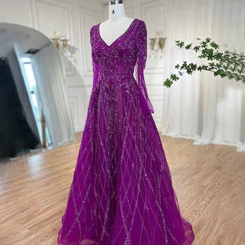 Robe de soirée arabe turquoise coupe trapèze, manches longues, décolleté en cœur, perles, pour femme, 2025, LA71793 