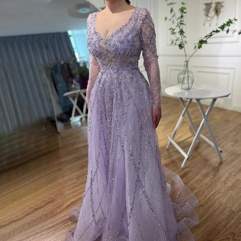 Robe de soirée arabe turquoise coupe trapèze, manches longues, décolleté en cœur, perles, pour femme, 2025, LA71793 