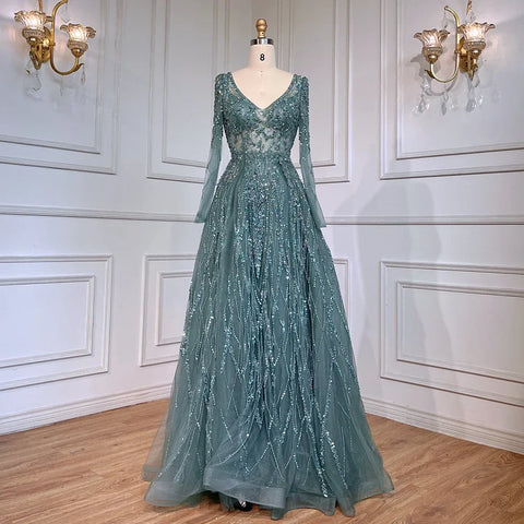 Robe de soirée arabe turquoise coupe trapèze, manches longues, décolleté en cœur, perles, pour femme, 2025, LA71793 