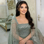 Robe de soirée longue en dentelle turquoise pour femme, manches cape, perles et perles, 2025 LA72590 