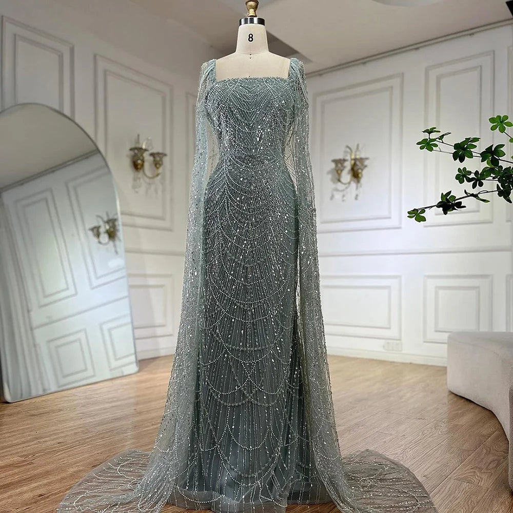 Arabic Turquoise Cape Sleeves Beaded Pearls and Floor Length Evening Gown Party Dress for Women 2025 LA72590