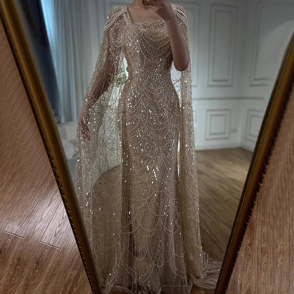 Robe de soirée longue en dentelle turquoise pour femme, manches cape, perles et perles, 2025 LA72590 