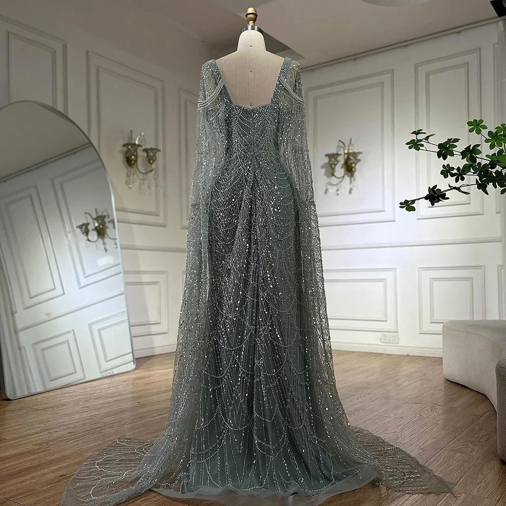 Arabic Turquoise Cape Sleeves Beaded Pearls and Floor Length Evening Gown Party Dress for Women 2025 LA72590