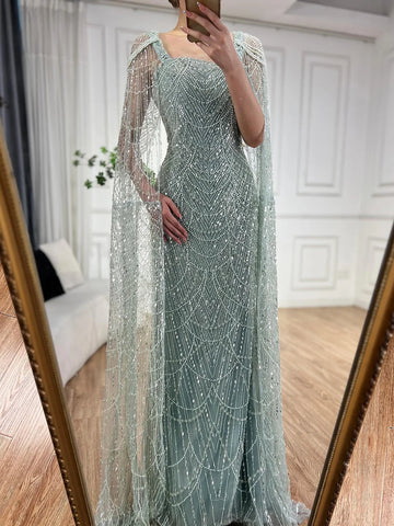 Robe de soirée longue en dentelle turquoise pour femme, manches cape, perles et perles, 2025 LA72590 