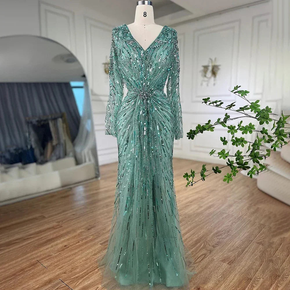Vestidos de noche estilo sirena, elegantes, color turquesa árabe, con cuentas y abertura lateral, para mujer, ideales para bodas y fiestas (LA72007) 