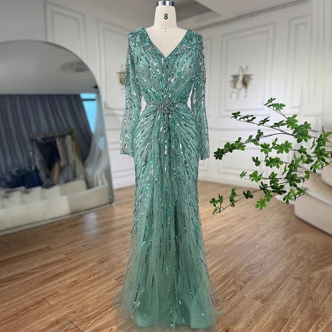 Robe de soirée sirène élégante turquoise, ouverte et fendue, avec perles, pour femme, tenue de mariage, modèle LA72007, 2025 