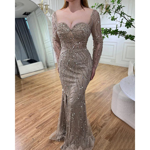 Robe de soirée sirène élégante turquoise, fendue sur le côté, avec perles, pour femme, tenue de mariage, modèle 2025, LA72093 