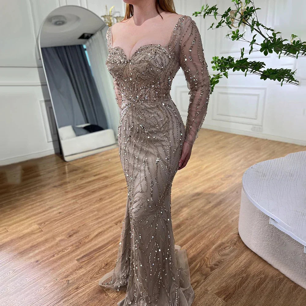 Arabic Turquoise Elegant Mermaid High Split Beaded Evening Dresses Gowns 2025 For Women Wedding Party LA72093