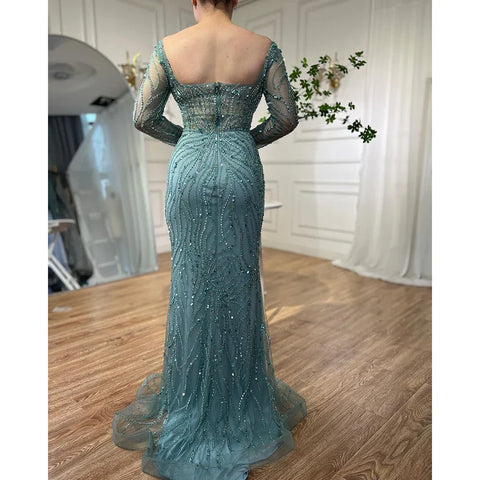 Robe de soirée sirène élégante turquoise, fendue sur le côté, avec perles, pour femme, tenue de mariage, modèle 2025, LA72093 