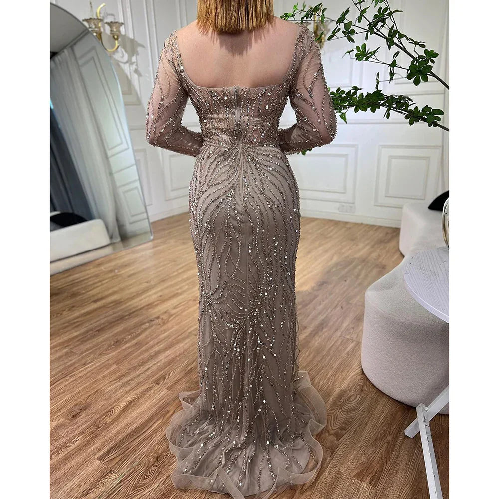 Arabic Turquoise Elegant Mermaid High Split Beaded Evening Dresses Gowns 2025 For Women Wedding Party LA72093