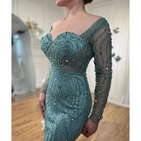 Robe de soirée sirène élégante turquoise, fendue sur le côté, avec perles, pour femme, tenue de mariage, modèle 2025, LA72093 