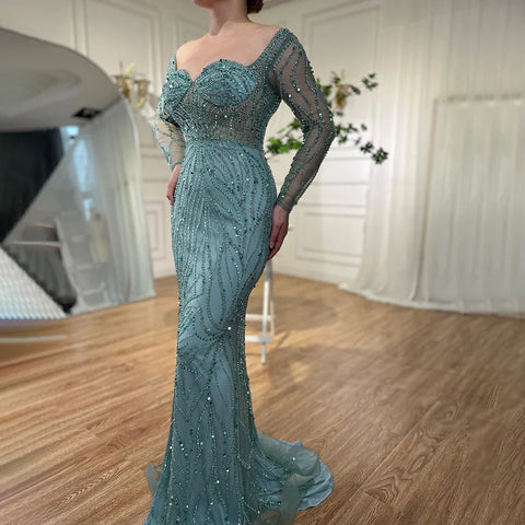 Robe de soirée sirène élégante turquoise, fendue sur le côté, avec perles, pour femme, tenue de mariage, modèle 2025, LA72093 