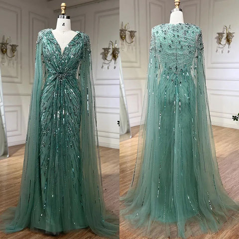 Robe de soirée élégante style sirène turquoise, manches cape perlées, style arabe, pour femmes, fête de mariage, LA72168, 2025 