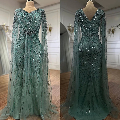 Robe de soirée élégante style sirène turquoise, manches cape perlées, style arabe, pour femmes, fête de mariage, LA72168, 2025 
