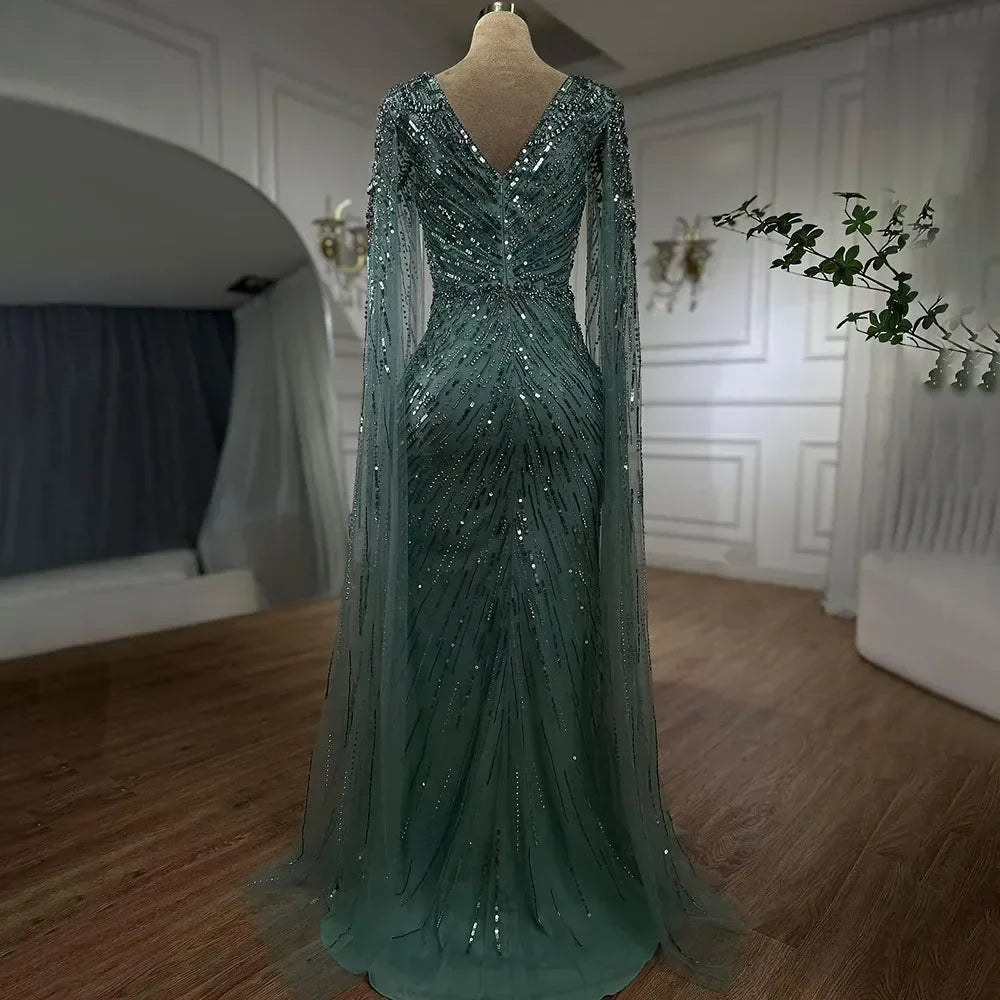 Arabic Turquoise Mermaid Beaded Cape Sleeves Elegant Evening Dresses Gowns 2025 For Women Wedding Party LA72168