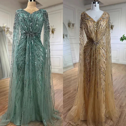 Robe de soirée élégante style sirène turquoise, manches cape perlées, style arabe, pour femmes, fête de mariage, LA72168, 2025 