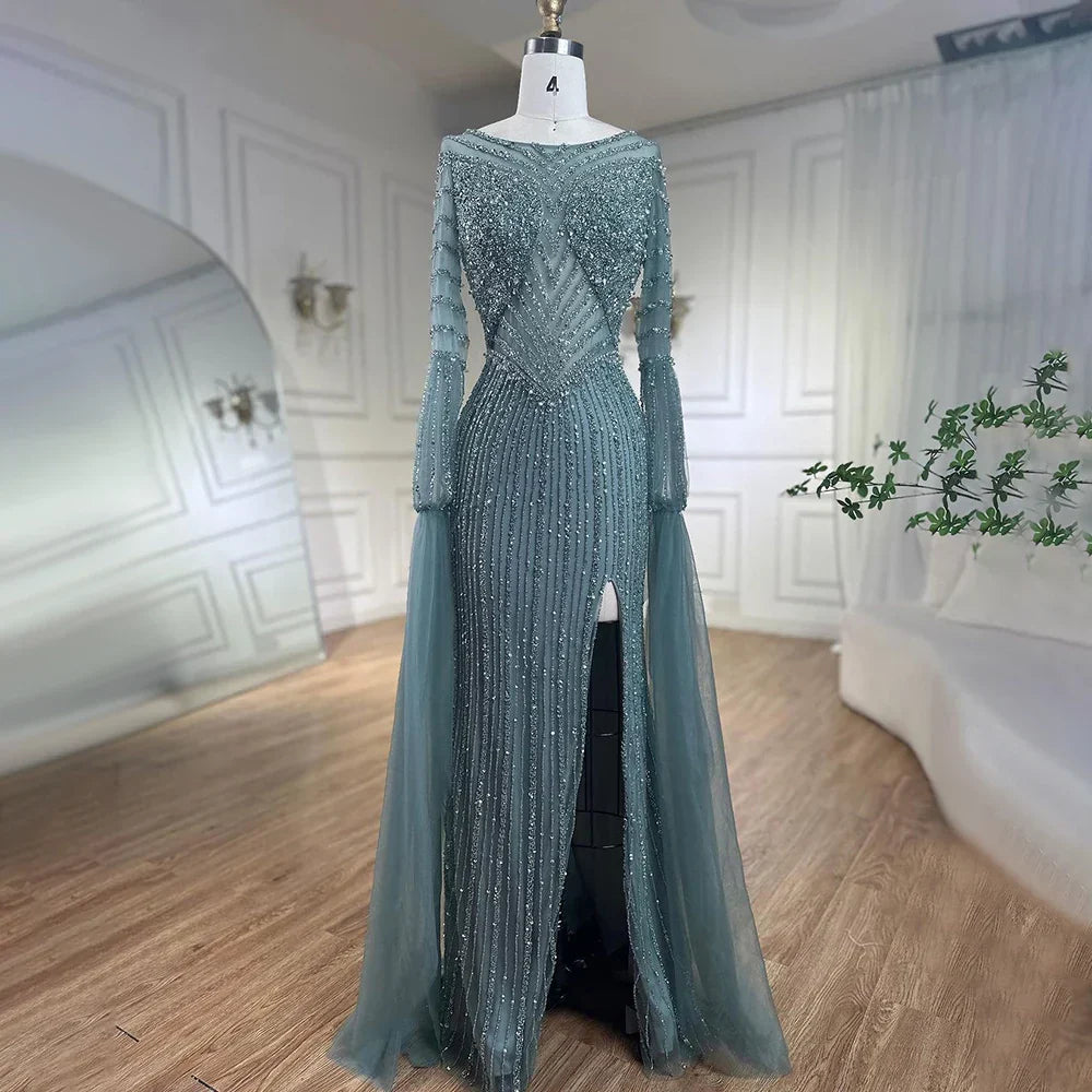 Vestido de noche elegante de lujo con mangas estilo capa y cuentas de sirena turquesa árabe para mujer, ideal para bodas 2025 LA72246 