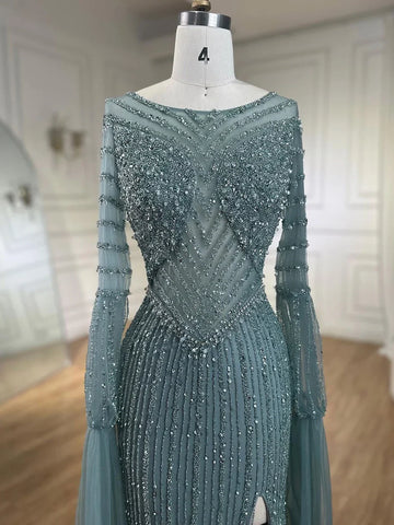 Robe de soirée élégante style sirène turquoise, perlée, manches cape, luxueuse, pour femme, tenue de mariage, 2025, LA72246 